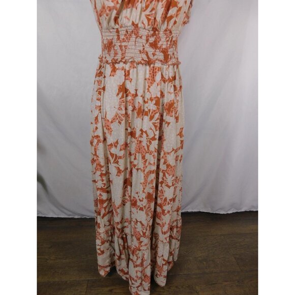 Old Navy Dress Womens Medium Orange Floral Maxi Boho Smocked Waist Cap Sleeve - Picture 3 of 12